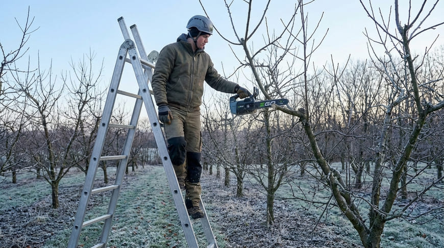 Pomicultor pe scara, curata pomi cu o drujba pentru pomicultura