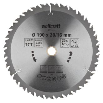 Panza pentru fierastrau circular Wolfcraft 6735000, diametru 190 mm, diametru interior disc 16 mm, latime taiere 2.4 mm, 30 dinti, seria maro.