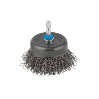 Perie din otel cu fir ondulat Wolfcraft 2708000, tip oala, D 75 mm, tija hexagonala 1/4"