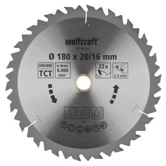 Panza pentru fierastrau circular Wolfcraft 6734000, diametru 180 mm, diametru interior disc 20 mm, latime taiere 2.4 mm, 22 dinti, seria maro.