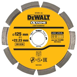 Disc diamantat Dewalt DT3761, D 125x22.23x2.0 mm, pentru materiale dure si granit